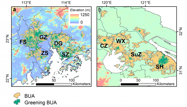 Greening built-up areas in Pearl River Delta (PRD) and Yangtze River Delta (YRD) city clusters  