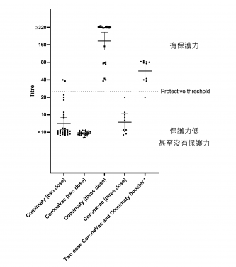 附圖顯示接種兩劑及三劑復必泰或科興的疫苗人士血液內中和（殺滅）病毒抗體之水平。