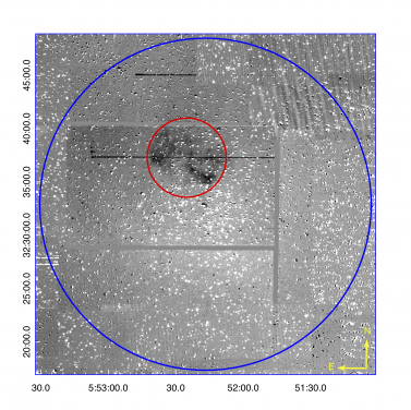 Figure 1. A contrast enhanced 30°ø30 arcminute quotient (Hα−r band) IPHAS (Drew et al. 2005) mosaic centred on the core of Galactic open cluster M 37 (NGC 2099). The low surface brightness bipolar PN (IPHASX J055226.2+323724) is encompassed by a red circle with a diameter of 445 x 10 arcseconds (the nebular major axis) while the blue circle indicates the full ∼ 30 arcminute extent of the cluster. The PN is well within the cluster tidal radius with the blue CSPN at almost the precise geometric centre of the PN. The CSPN is itself only ∼280 arcseconds from the published cluster center position.
 