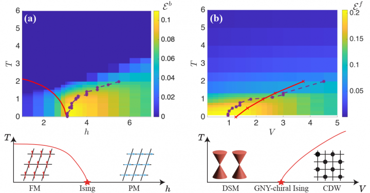 Figure 3. Logarithmic negativity as a measurement of quantum entanglement for adjacent sites in (a) 2d transverse-field Ising model and (b) 2d fermion t-V model. The bottom panel illustrates the schematic phase diagrams.
 